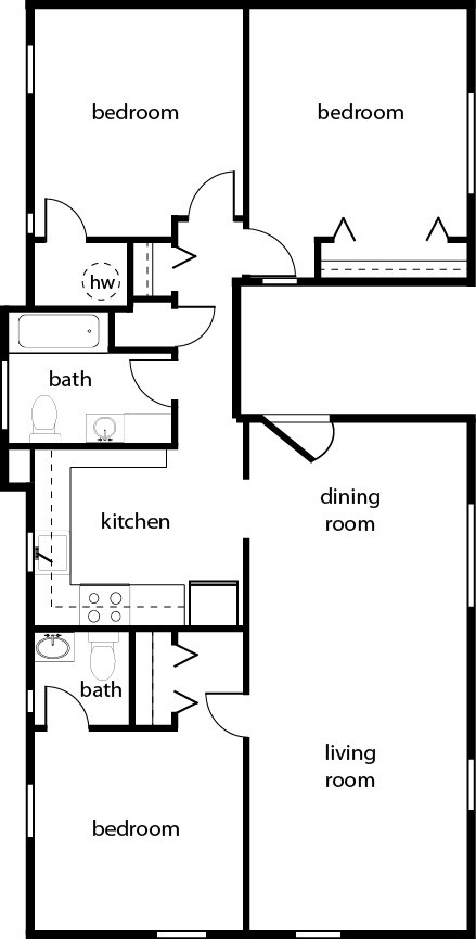 Floor plan for 3 beds, 1080 sqft